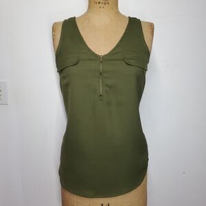 Fashion Web Size M Tank Top Army Green Chiffon V Neck Faux Pockets Zip Flowing